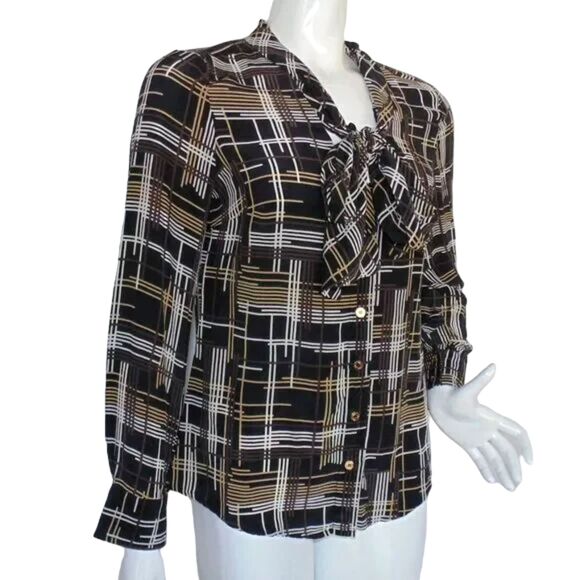 TRINA TURK Silk Blouse, 4, Bow, Browns/Tan, Crosshatch stripes, Buttons - Picture 2 of 13